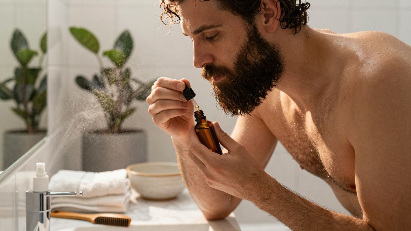 Homem barbudo aplica óleo na barba em frente ao espelho na casa de banho, com plantas ao fundo.