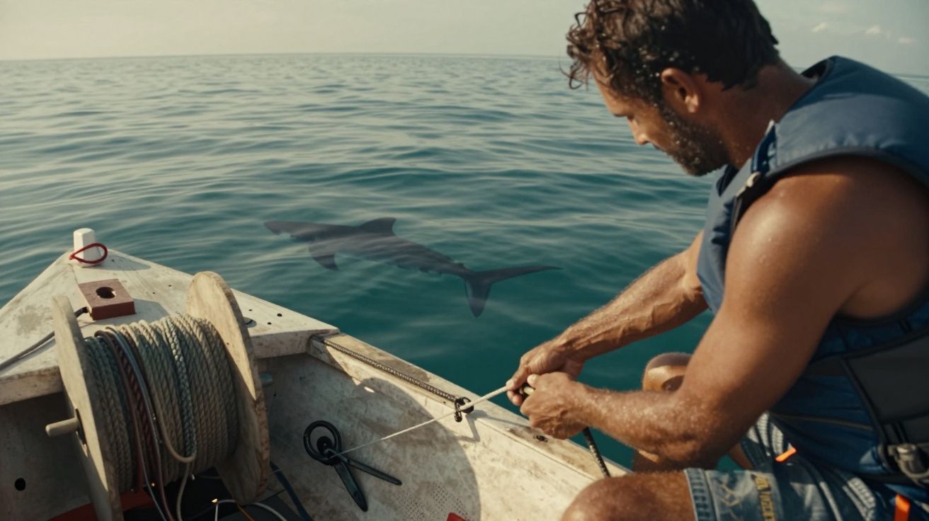 Homem em barco pequeno puxando linha de pesca, com tubarão visível na água ao lado.