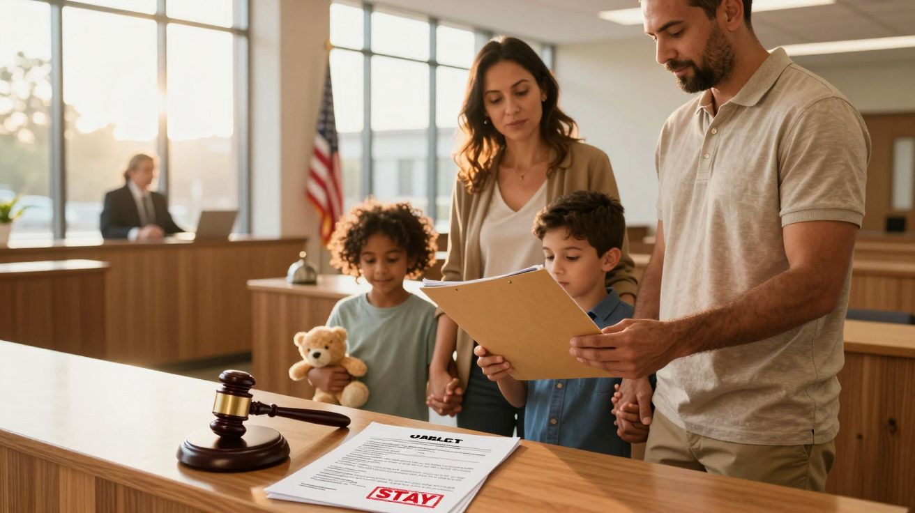 Família com duas crianças numa sala de tribunal, revendo documentos. Há um martelo de juiz na mesa.