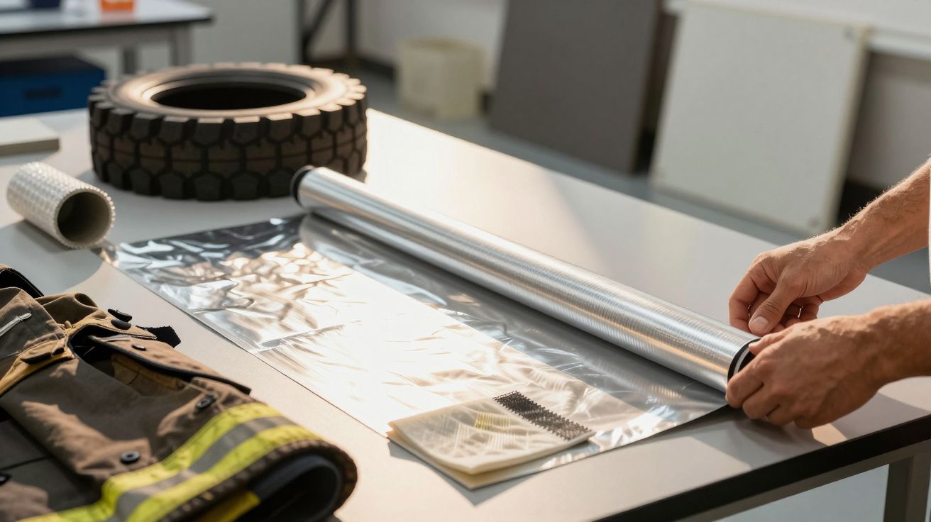 Homem manuseia película plástica sobre mesa com pneu, roupa de segurança e amostras de materiais ao fundo.