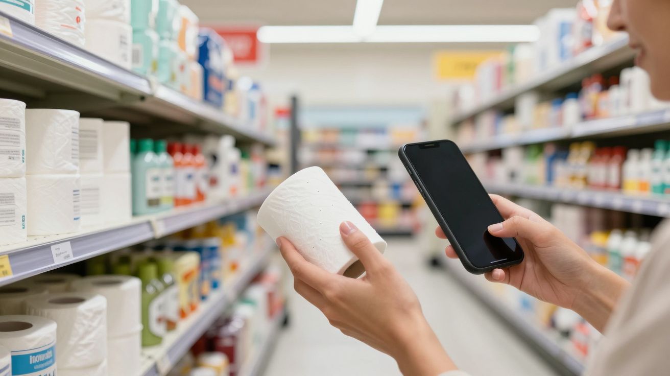 Pessoa segura rolo de papel higiénico e usa telemóvel num corredor de supermercado.