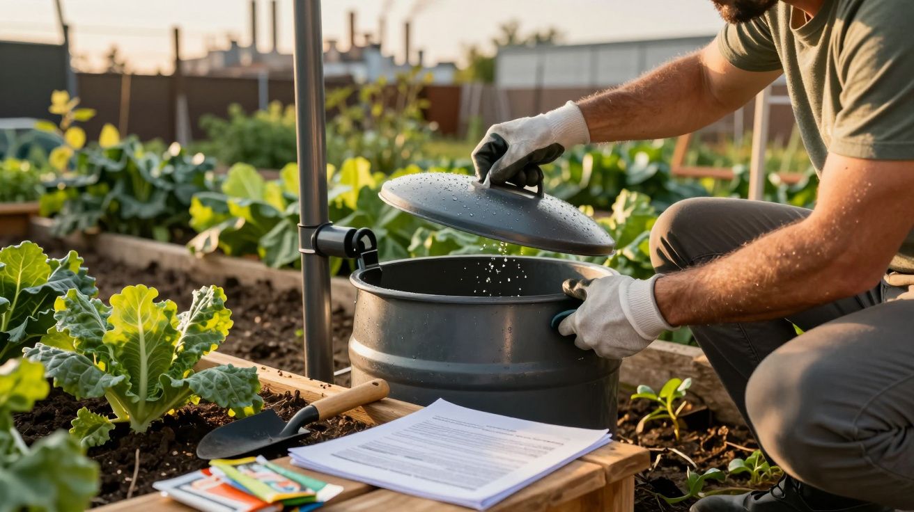 Homem abre contentor de compostagem num jardim, cercado de verduras e ferramentas, ao pôr do sol.