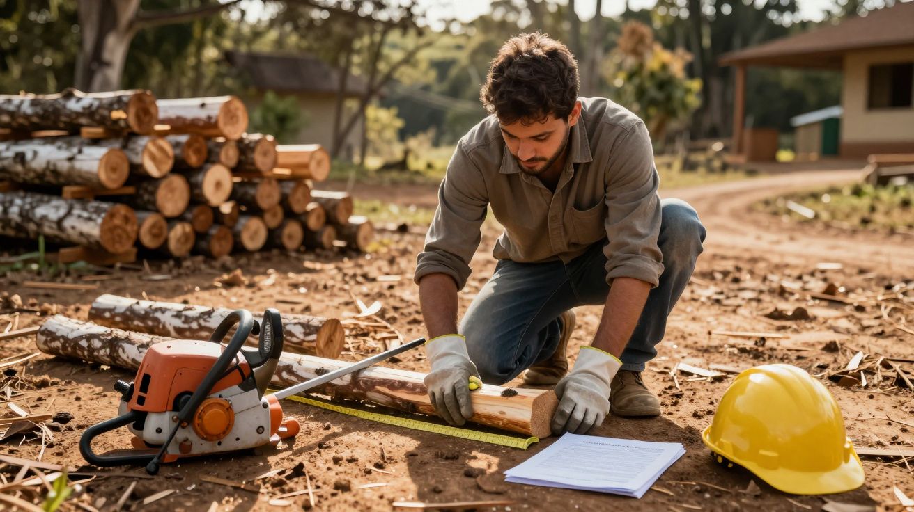 Homem de luvas mede tronco com fita métrica ao ar livre; motosserra, capacete e madeira ao fundo.