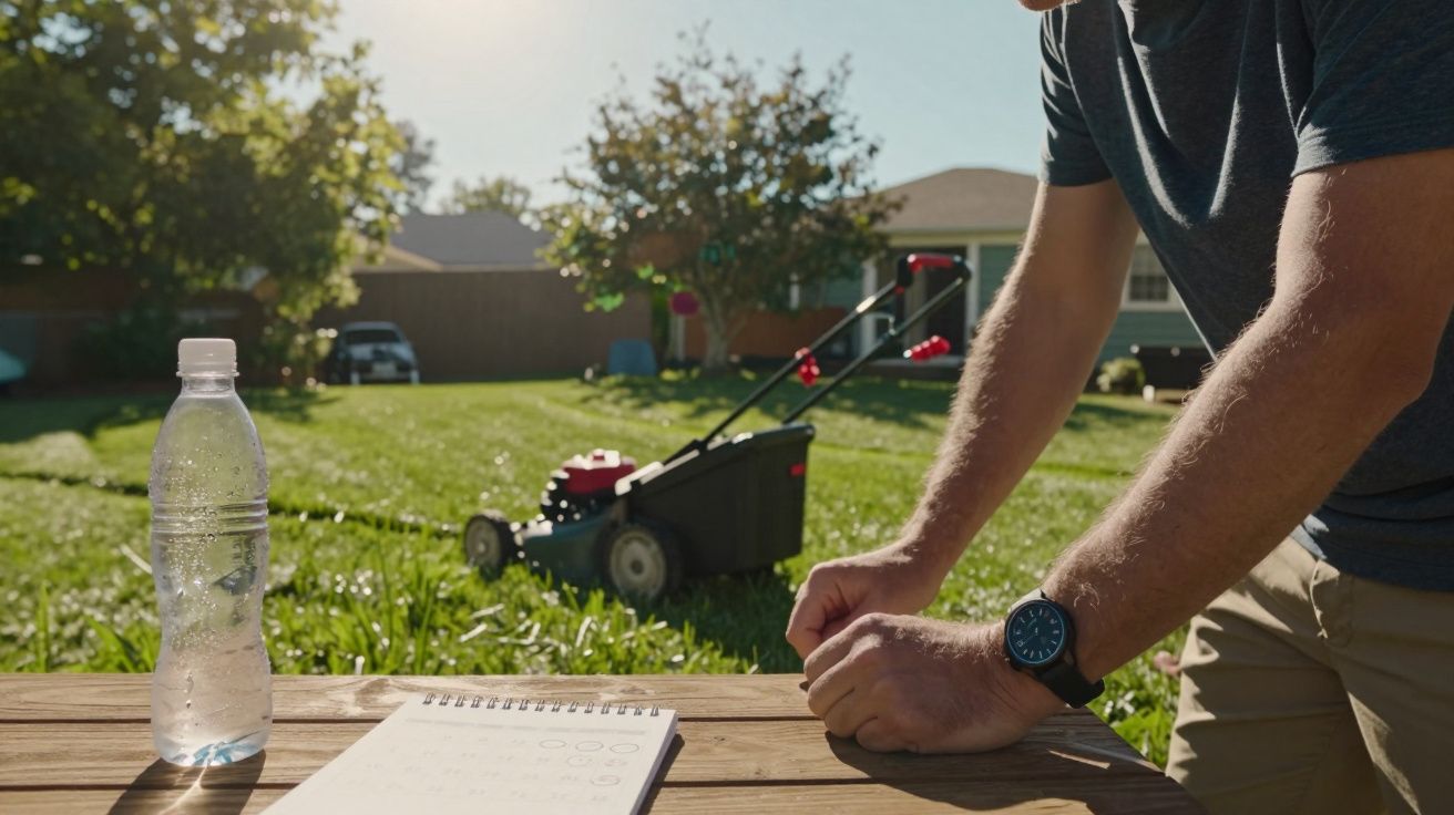 Homem observando relvado com cortador de relva ao fundo, caderno e garrafa de água em cima da mesa de madeira.