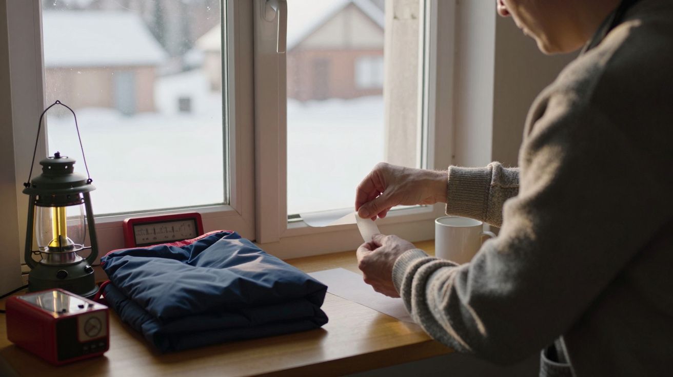 Pessoa a selar uma janela com fita adesiva, ao lado de um casaco, lanterna e chávena, com neve lá fora.