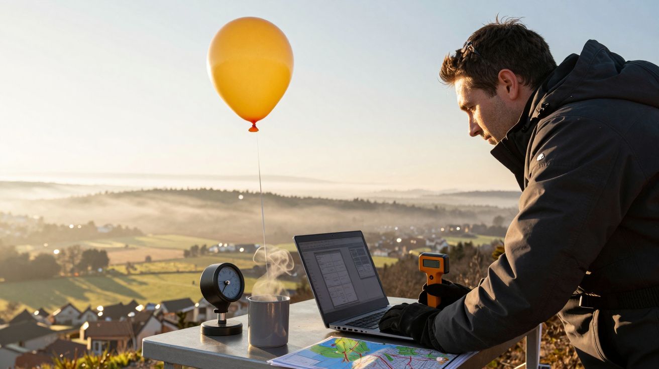 Homem ao ar livre trabalha com laptop e instrumentos meteorológicos ao nascer do sol, com balão laranja no fundo.