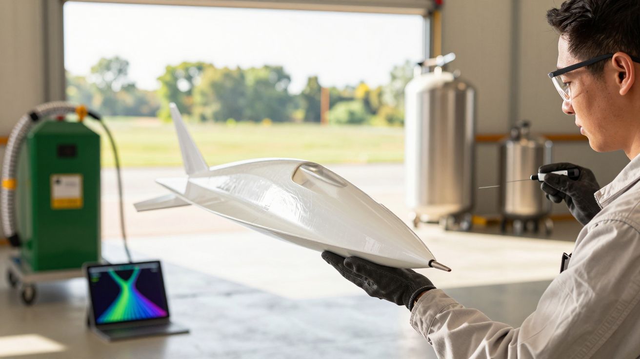 Funcionário analisa um modelo de avião branco numa oficina. Computador e equipamento técnico ao fundo.