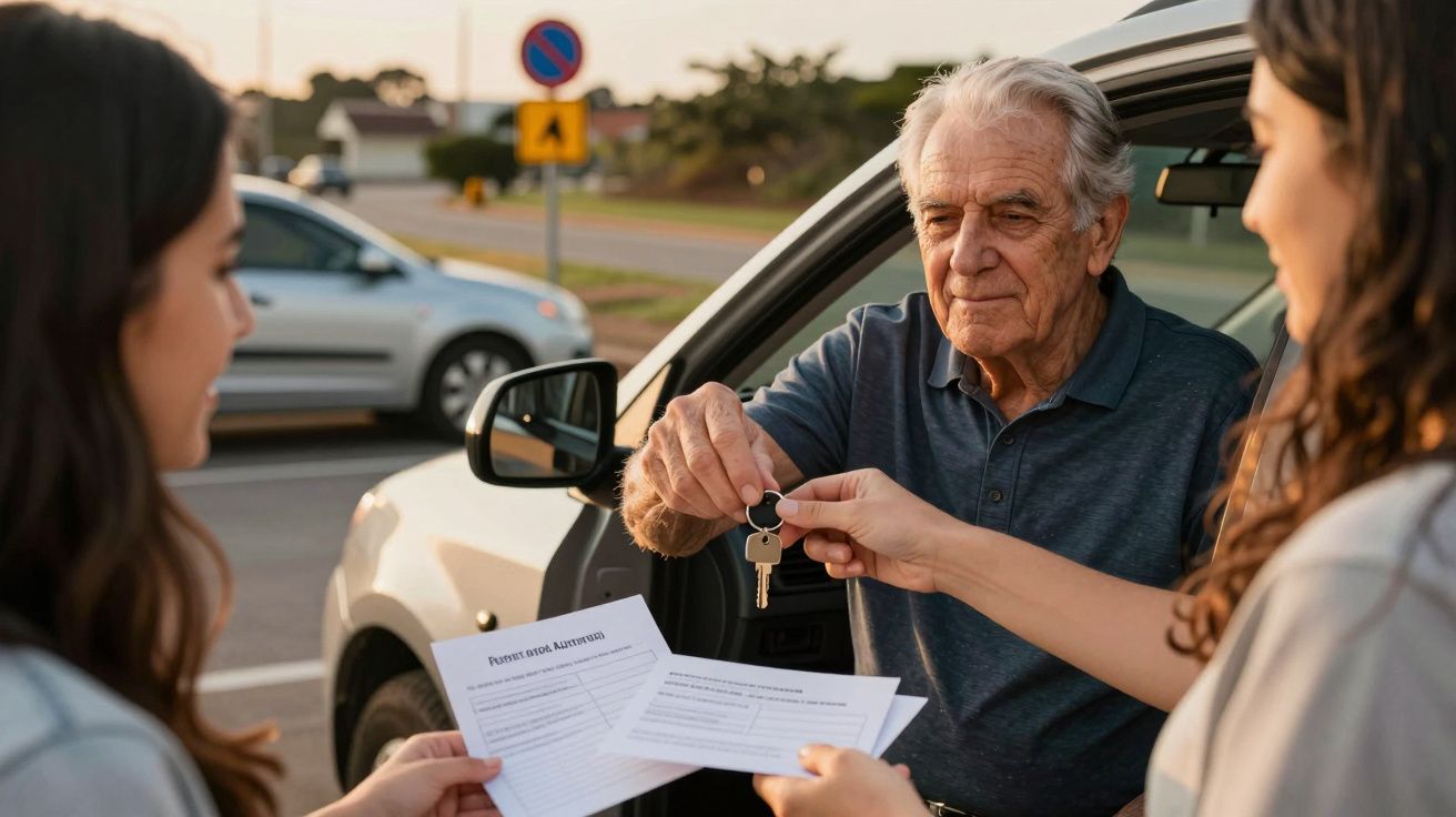 Senhor idoso num carro, entregando chaves a duas mulheres que seguram documentos numa rua residencial.