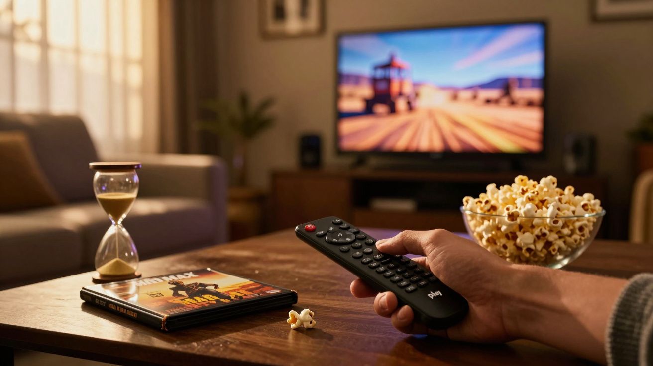 Sala com TV ligada, tigela de pipocas, mão segurando comando remoto, ampulheta e livro sobre mesa de madeira.