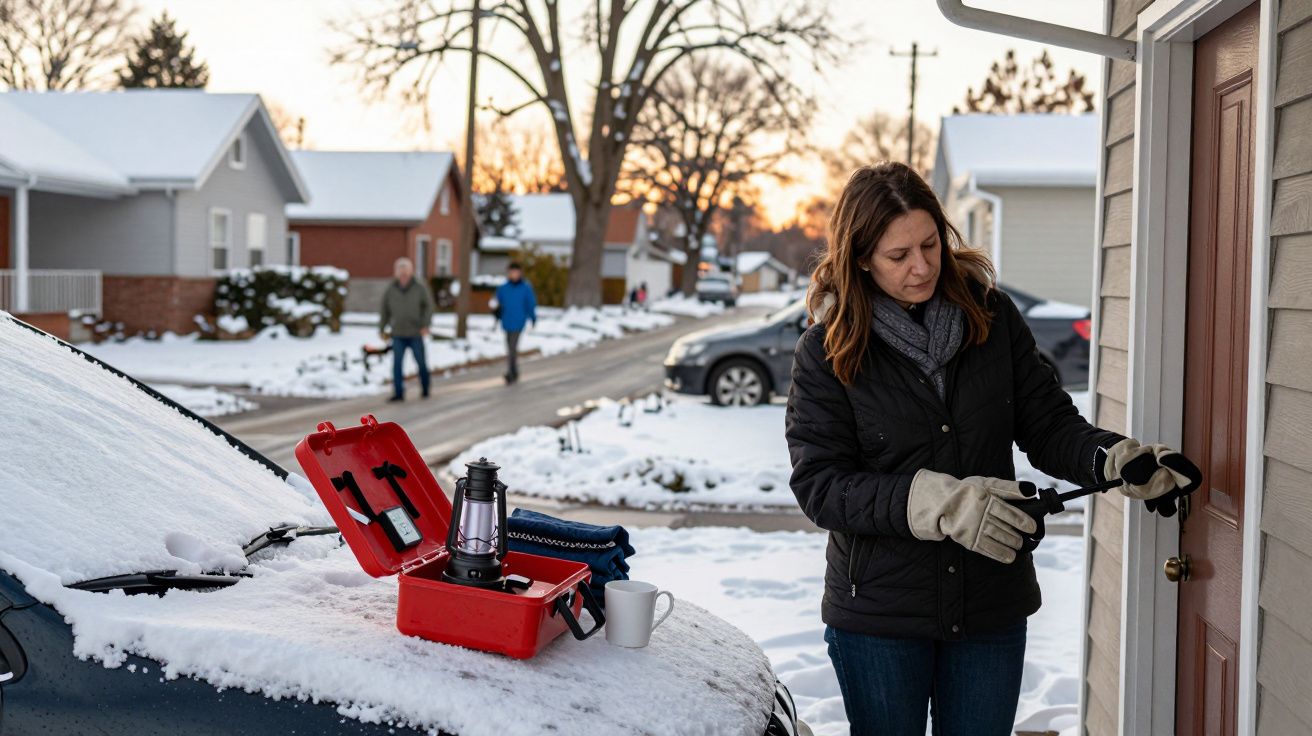 Mulher de casaco preto abre porta num bairro nevado; lanterna e chávena sobre carro coberto de neve.