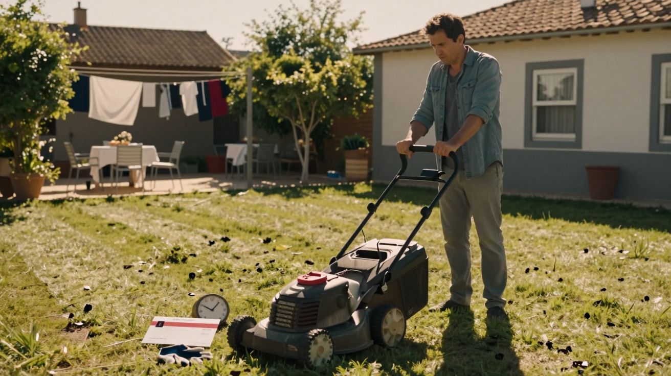 Homem a cortar relva com um cortador num jardim, com uma casa ao fundo e roupa pendurada a secar.