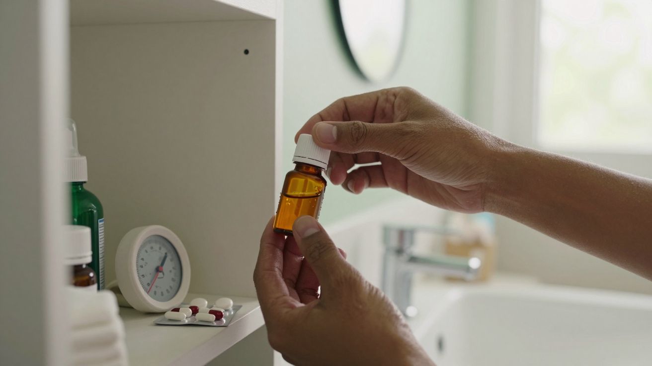 Mão segura frasco âmbar em armário de medicamentos, com comprimidos e medidor ao lado.
