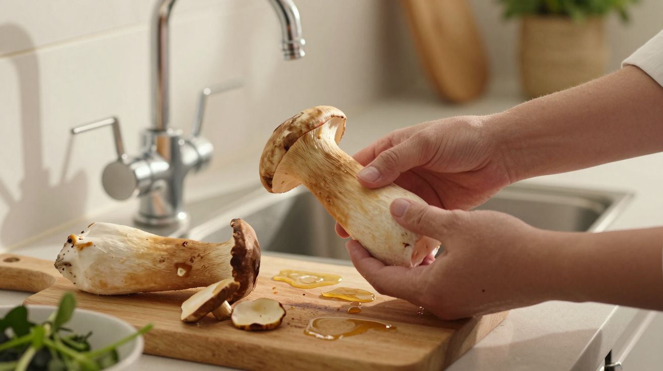 Pessoa segura cogumelo grande sobre tábua de cozinha com cogumelos fatiados ao lado de pia.