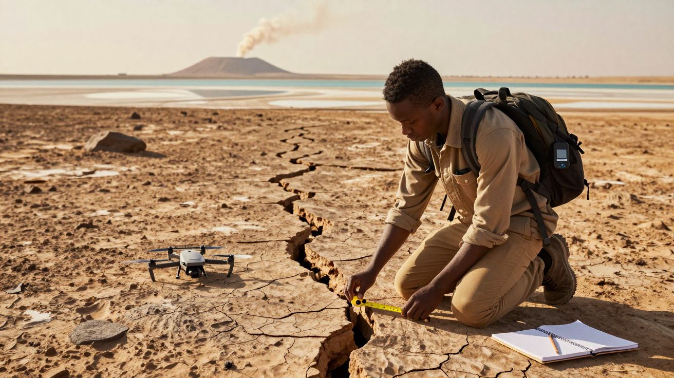 Cientista mede fenda em terreno árido com fita métrica, drone no chão e montanha fumegante ao fundo.