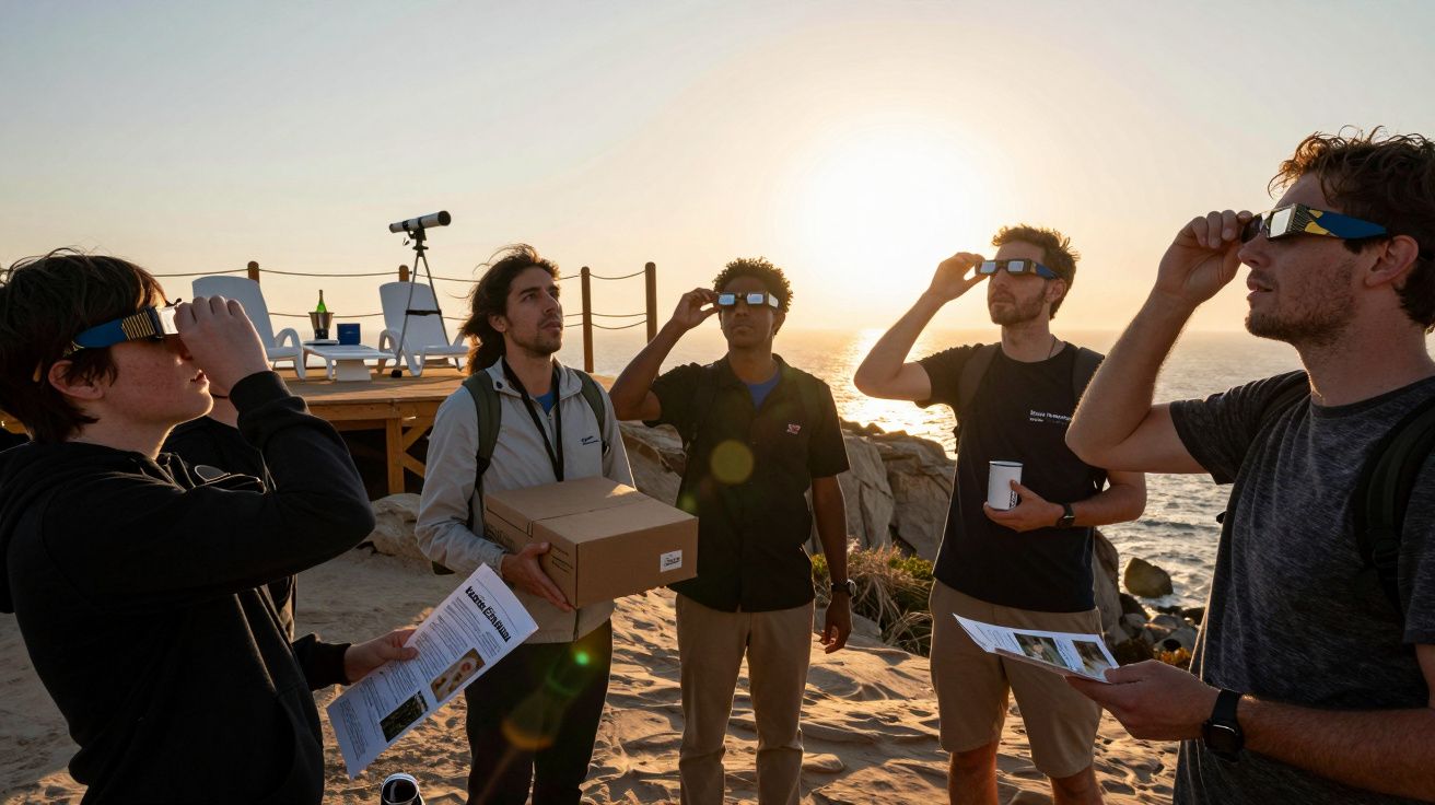 Grupo de pessoas observa o sol ao pôr do sol com óculos especiais, próximo a uma área de observação na praia.