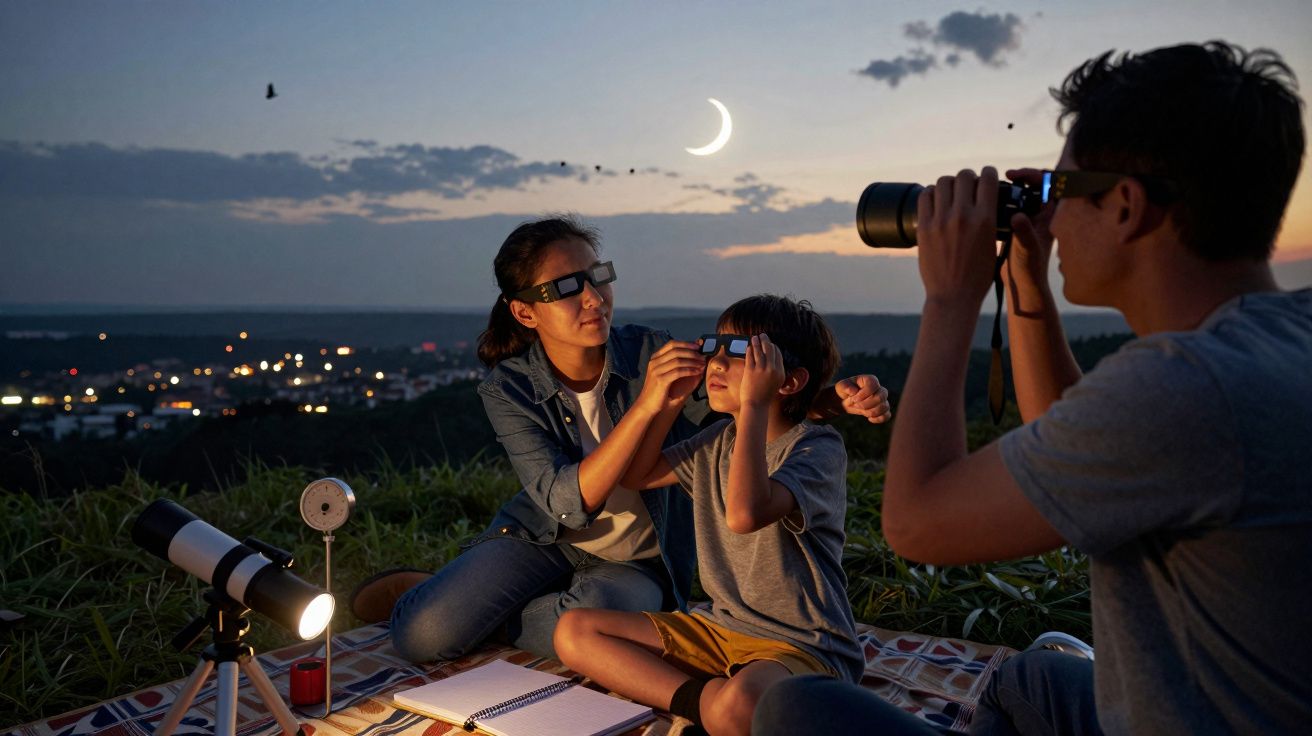Família observando o céu noturno com telescópio e binóculos, sob uma lua crescente, sentados num campo.