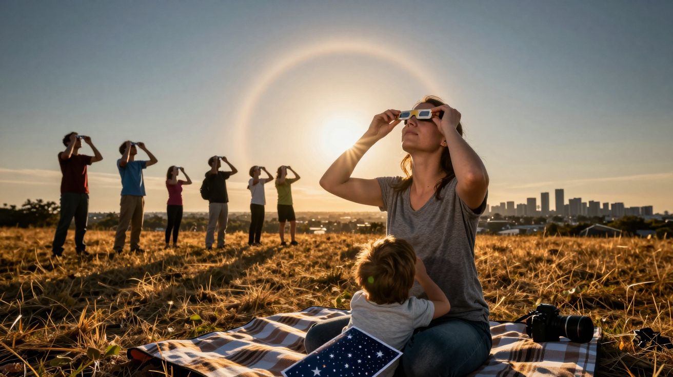 Pessoas observam um fenômeno solar com óculos especiais num campo ao pôr do sol, cidade ao fundo.