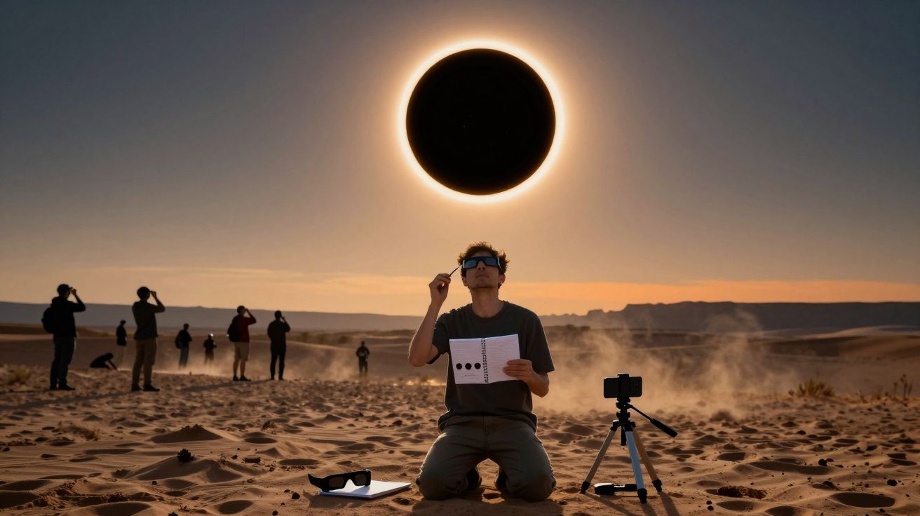 Homem ajoelhado no deserto observa eclipse solar. Pessoas ao fundo, céu límpido, tripé e papéis próximos.