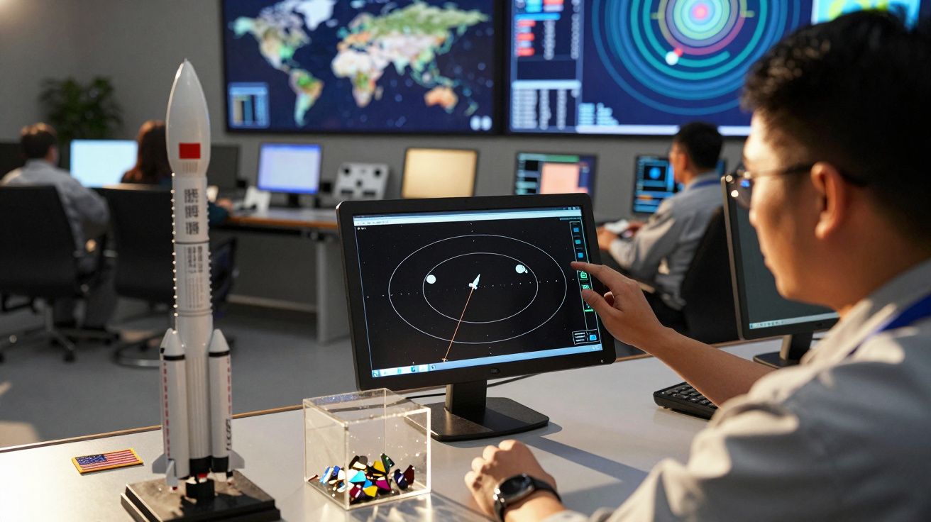Sala de controlo espacial com pessoa a interagir com ecrã, mostrando órbita, ao lado de modelo de foguete.