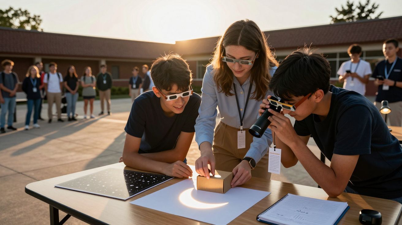 Grupo de estudantes ao ar livre usa equipamentos astronómicos para estudar a luz solar numa mesa.