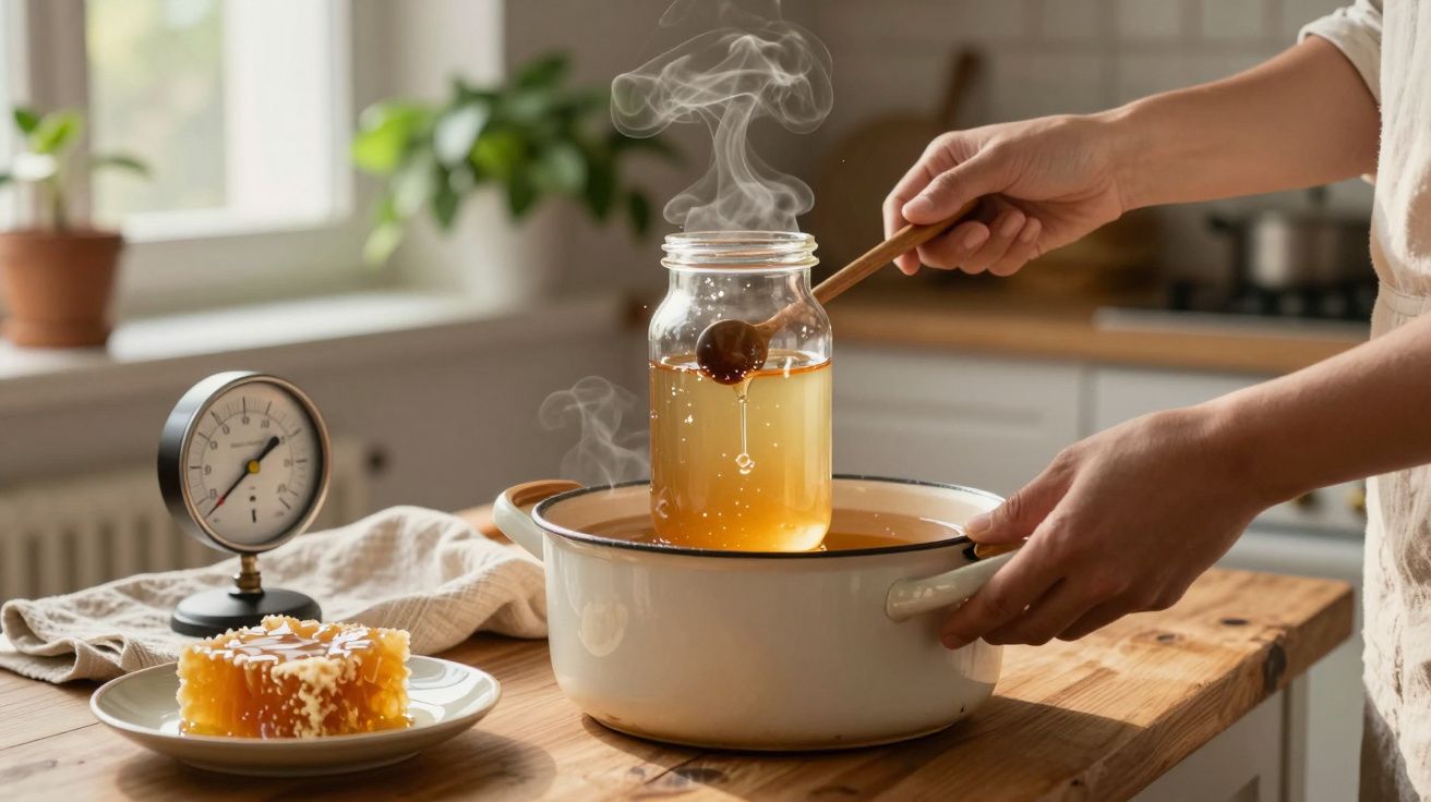 Mãos seguram frasco de mel mergulhado em panela com água quente numa cozinha. Pedaço de favo de mel em prato ao lado.