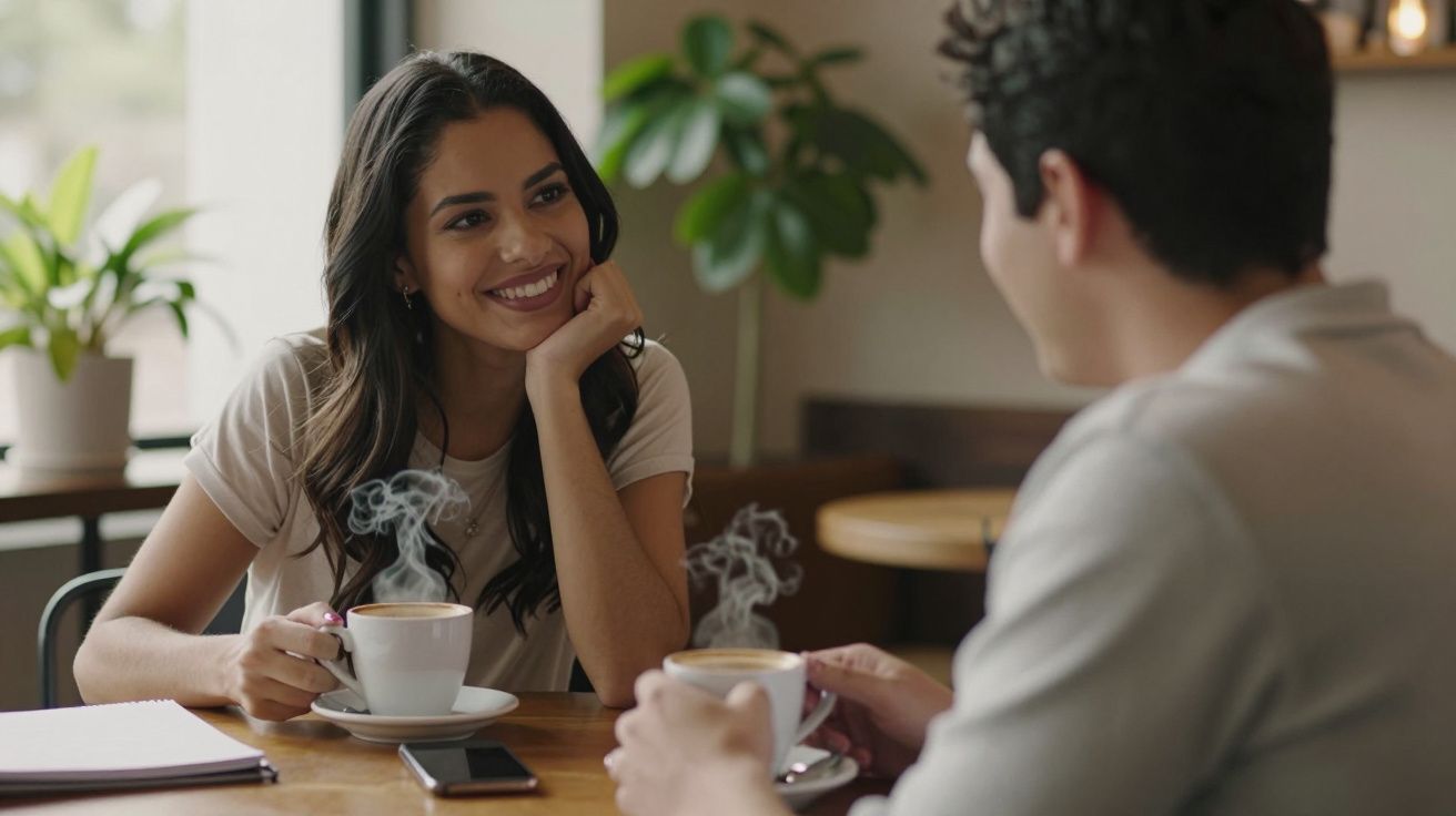 Mulher a sorrir para um homem enquanto bebem café num café acolhedor.