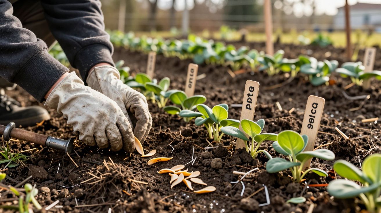Mãos plantando mudas num jardim com placas de identificação em fila, ao ar livre, com claridade suave.