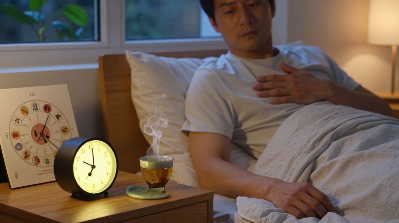 Homem deitado na cama, ao lado de mesa de cabeceira com chá fumegante e relógio iluminado.
