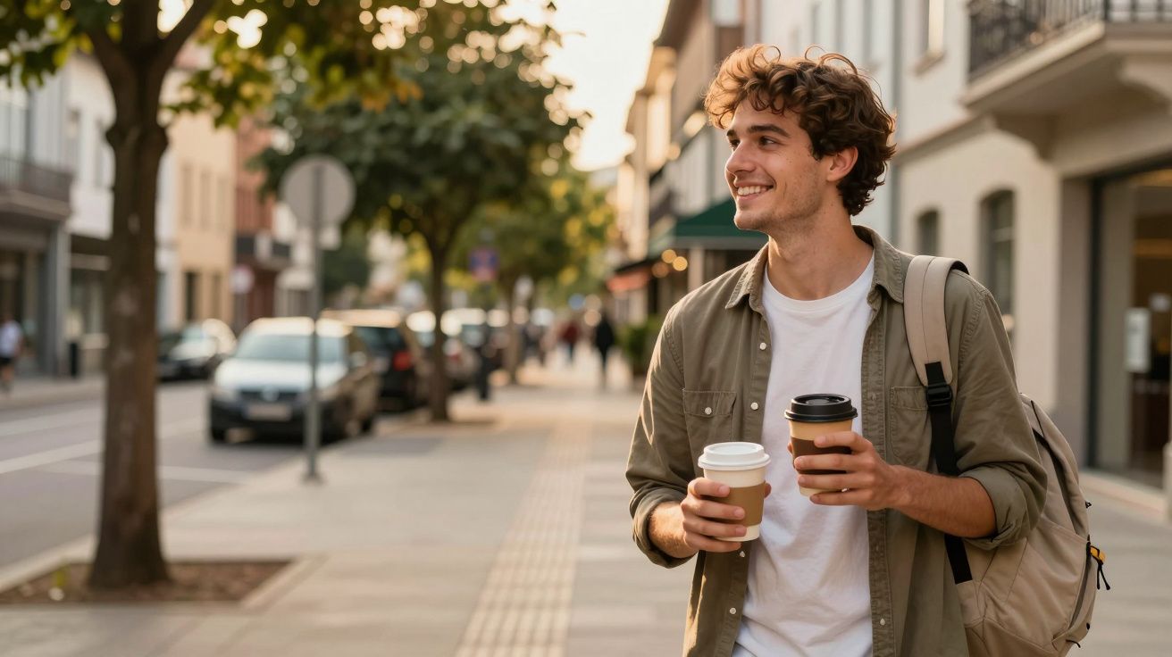 Jovem a caminhar numa rua à sombra de árvores com duas bebidas na mão e mochila, sorrindo ao entardecer.