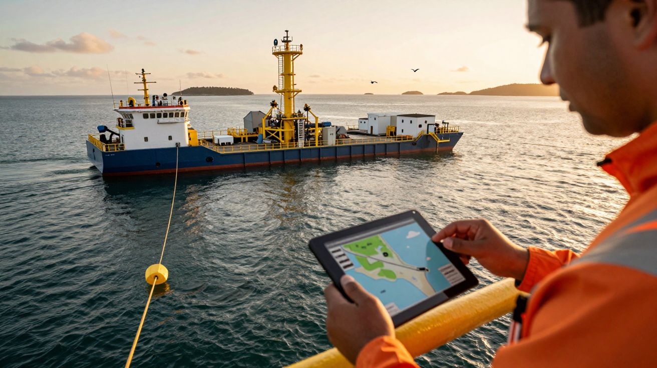 Homem de uniforme laranja usa tablet para monitorizar navio de pesquisa no mar, ao pôr do sol.