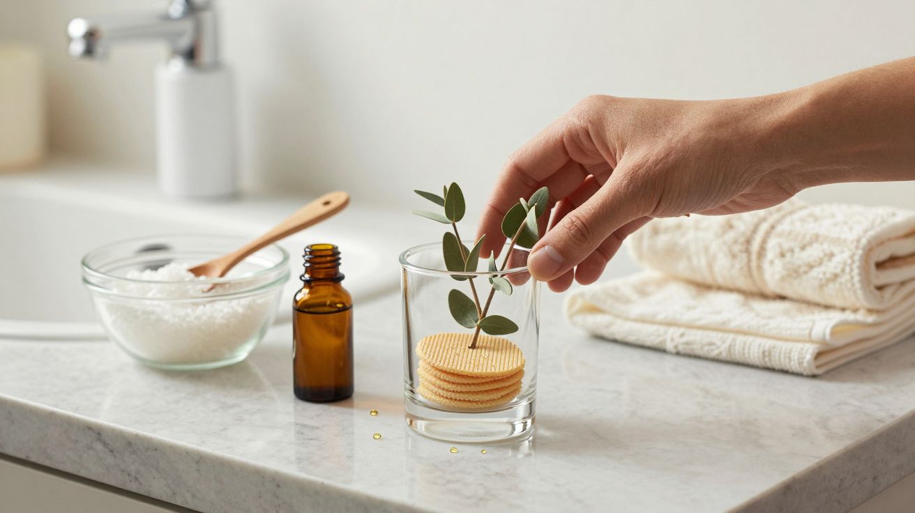 Mão colocando ramos de eucalipto num copo com almofadas de algodão, ao lado de frascos em bancada de casa de banho.