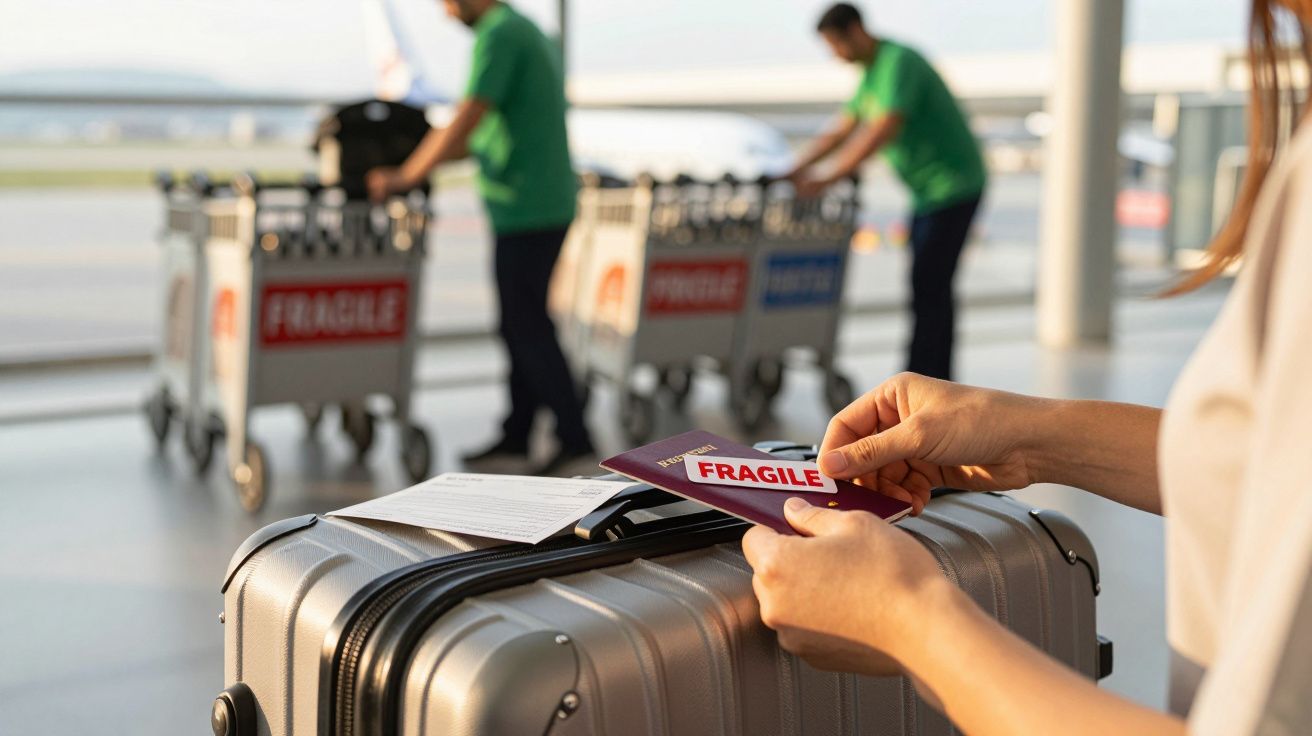 Pessoa segurando bilhete e etiqueta "FRAGILE" junto a mala prateada em aeroporto, com carrinhos ao fundo.