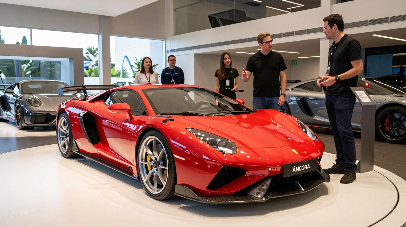 Carro desportivo vermelho em exposição numa concessionária, com pessoas a observá-lo ao redor.