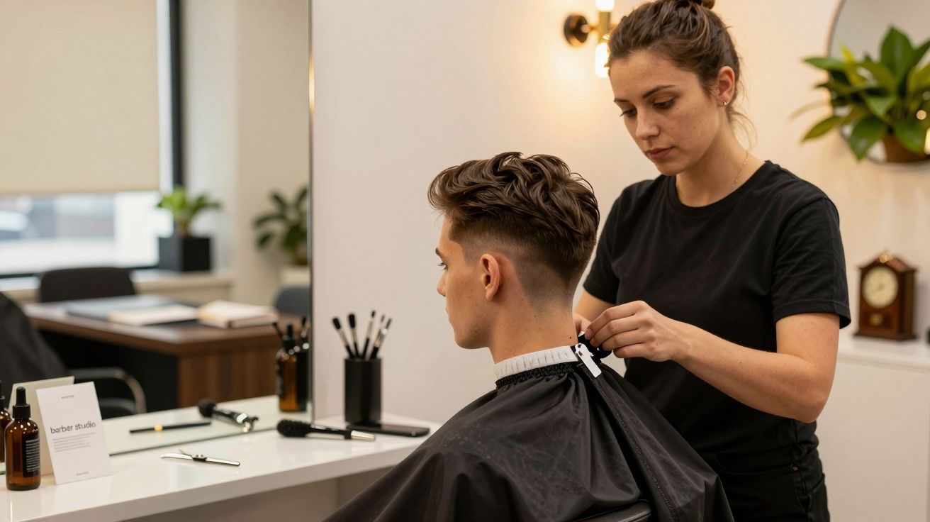 Mulher a cortar o cabelo de um homem num salão de cabeleireiro moderno e bem iluminado.