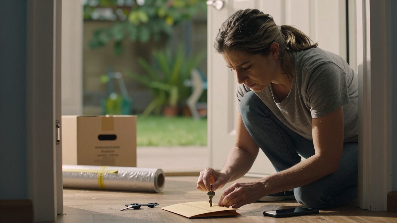 Mulher ajoelhada no chão, abrindo envelope com uma chave numa sala iluminada. Caixa e rolo ao fundo.