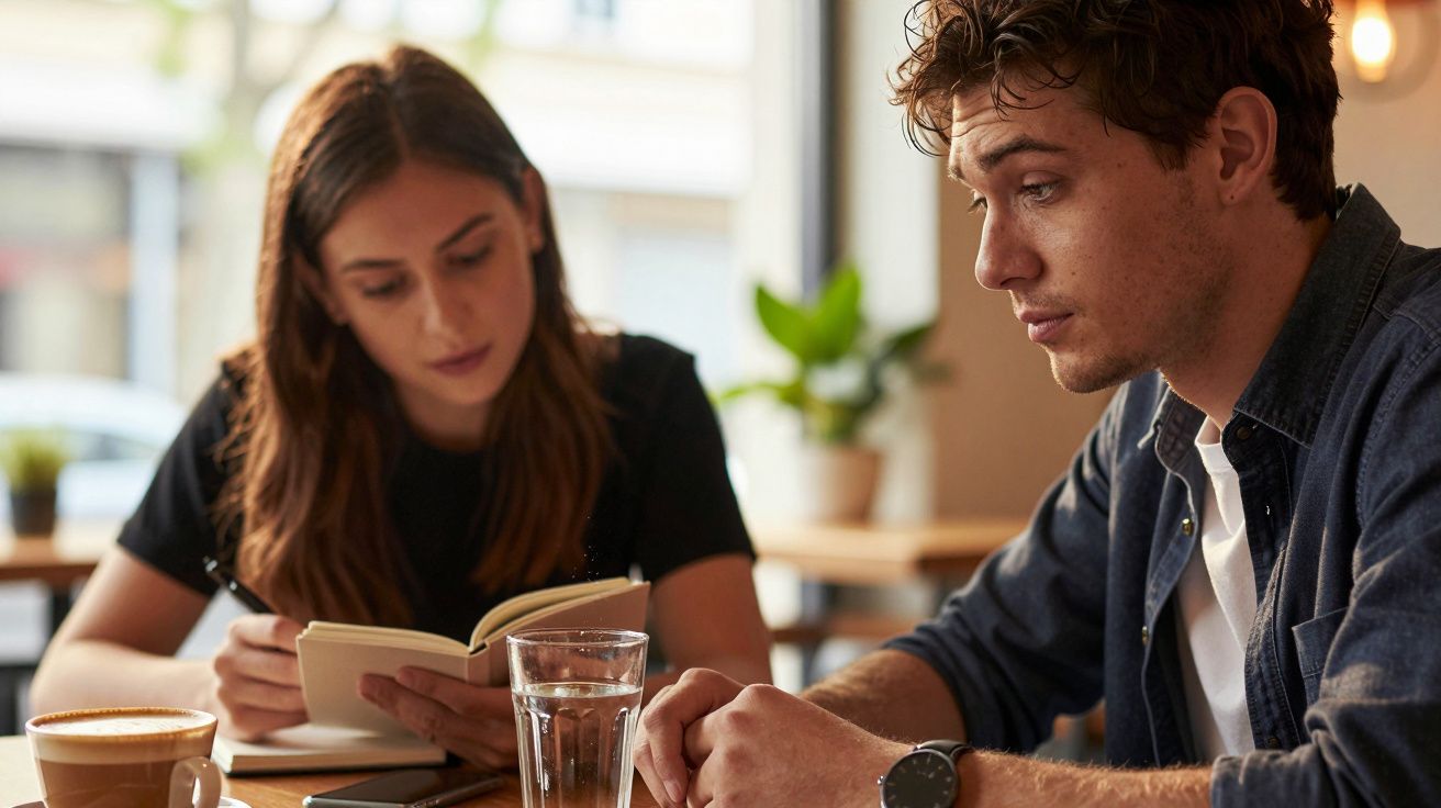 Duas pessoas sentadas numa mesa de café; mulher escreve em caderno, homem olha pensativo.