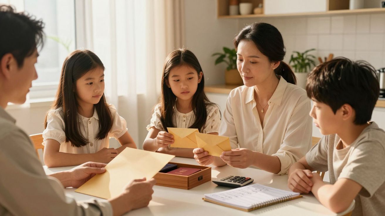 Família sentada à mesa com duas crianças, segurando envelopes, e um caderno e calculadora ao lado.