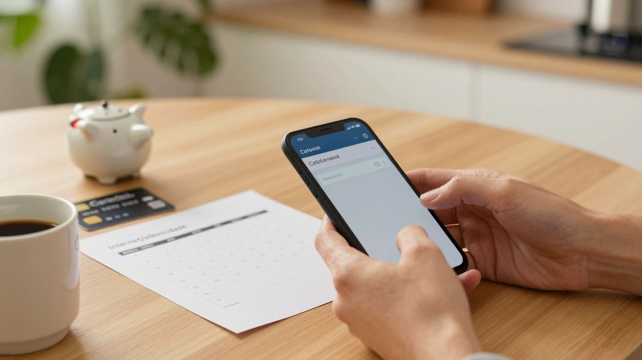 Pessoa usando smartphone à mesa, com chávena, calendário e cartão de crédito.