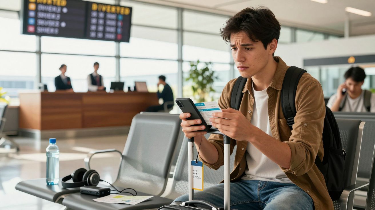 Jovem sentado no aeroporto, segurando telemóvel e bilhete, com mochila e mala ao lado. Painel de voos ao fundo.