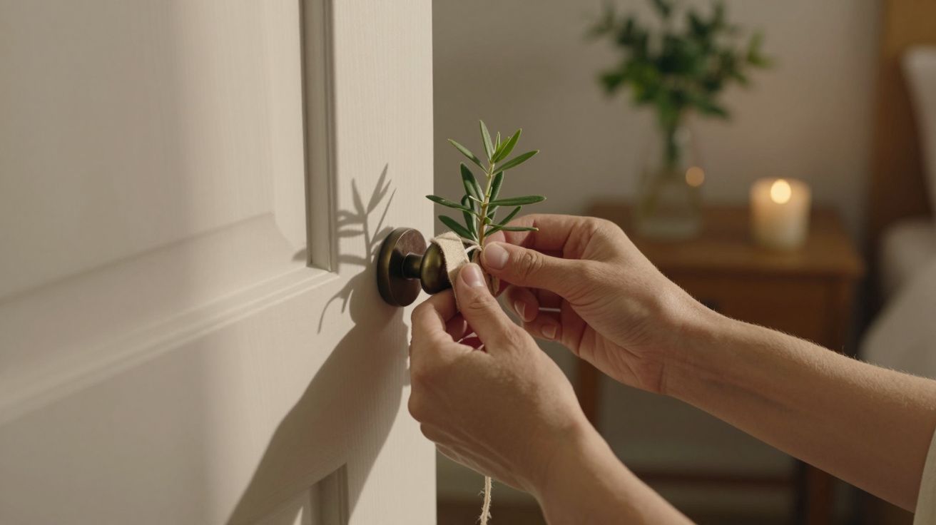 Mãos prendem um ramo de oliveira a uma maçaneta de porta em ambiente acolhedor com vela acesa ao fundo.