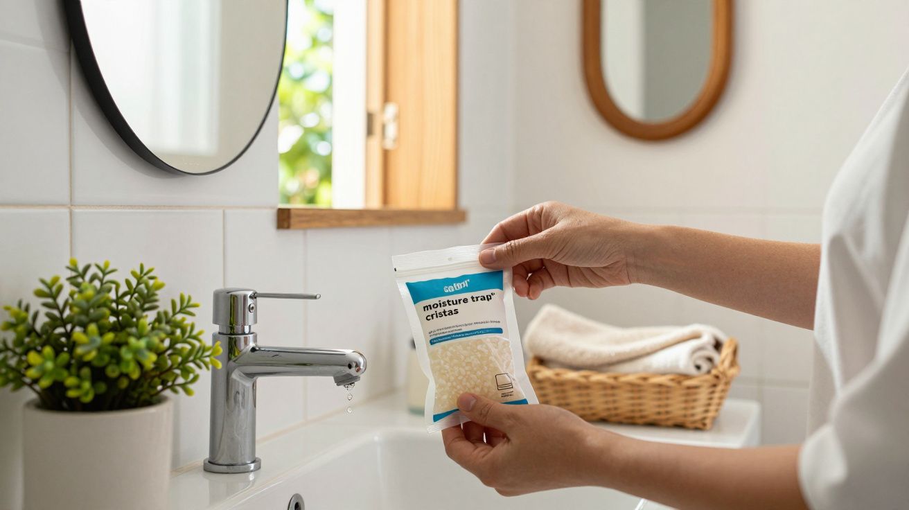 Mãos seguram um pacote de cristais de absorção de humidade numa casa de banho com lavatório e um cesto de toalhas.
