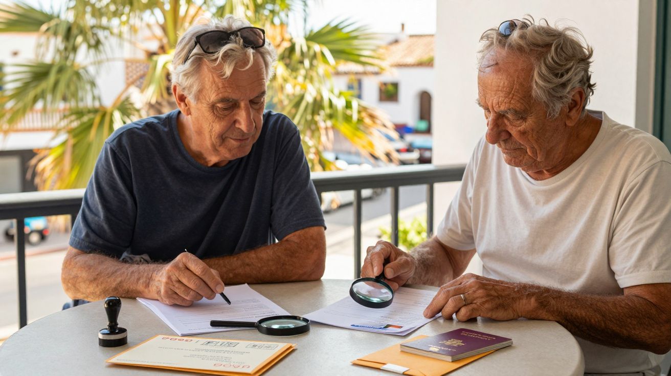 Dois homens idosos revisam documentos com lupas numa varanda ensolarada, rodeados por palmeiras ao fundo.