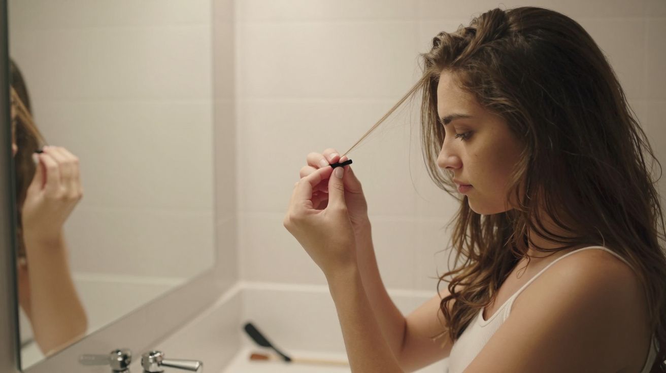 Mulher de cabelo castanho arranja o cabelo em frente a um espelho na casa de banho, usando um elástico preto.
