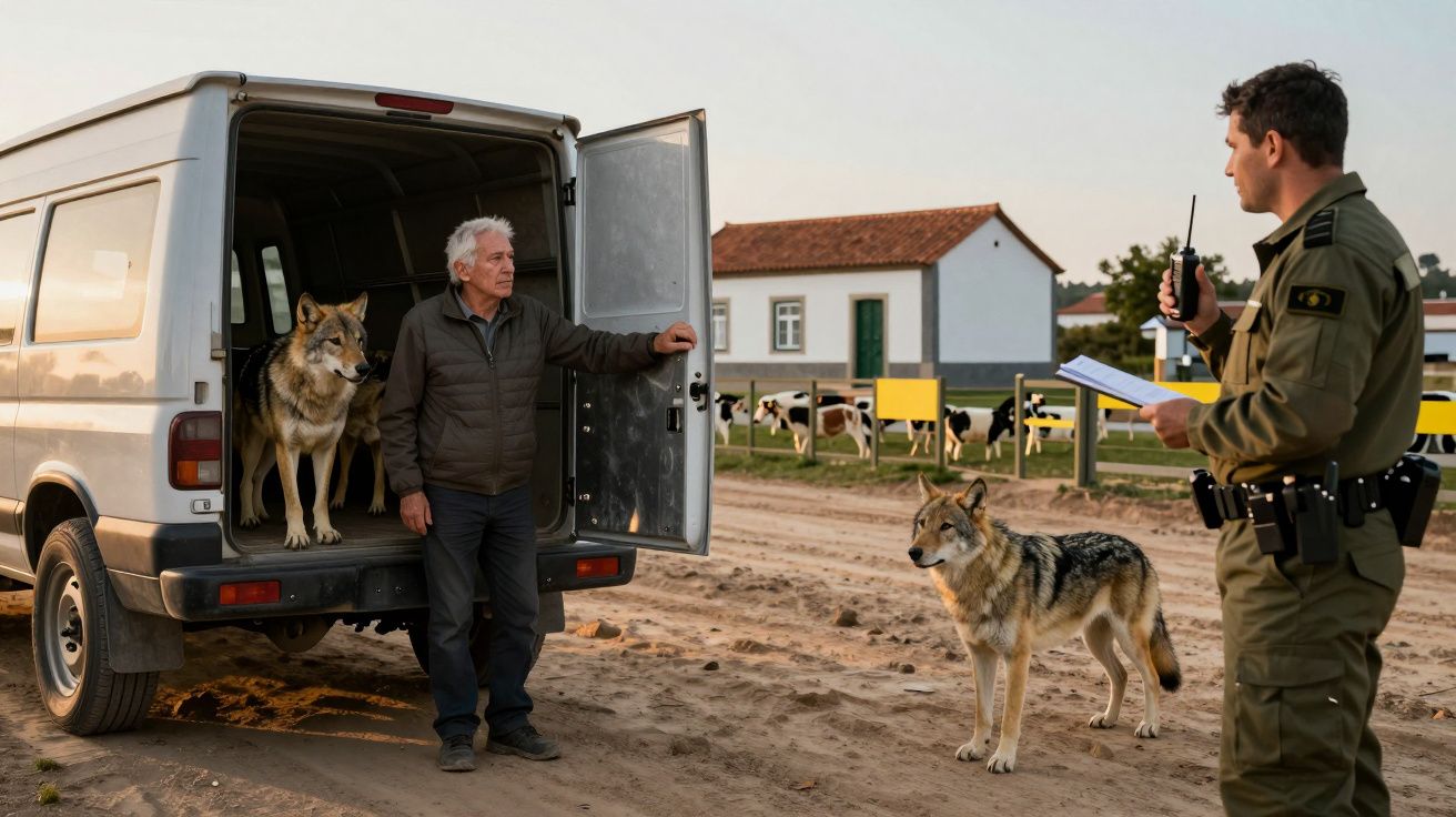 Homem idoso com lobo na carrinha fala com guarda florestal num caminho rural, vacas ao fundo.