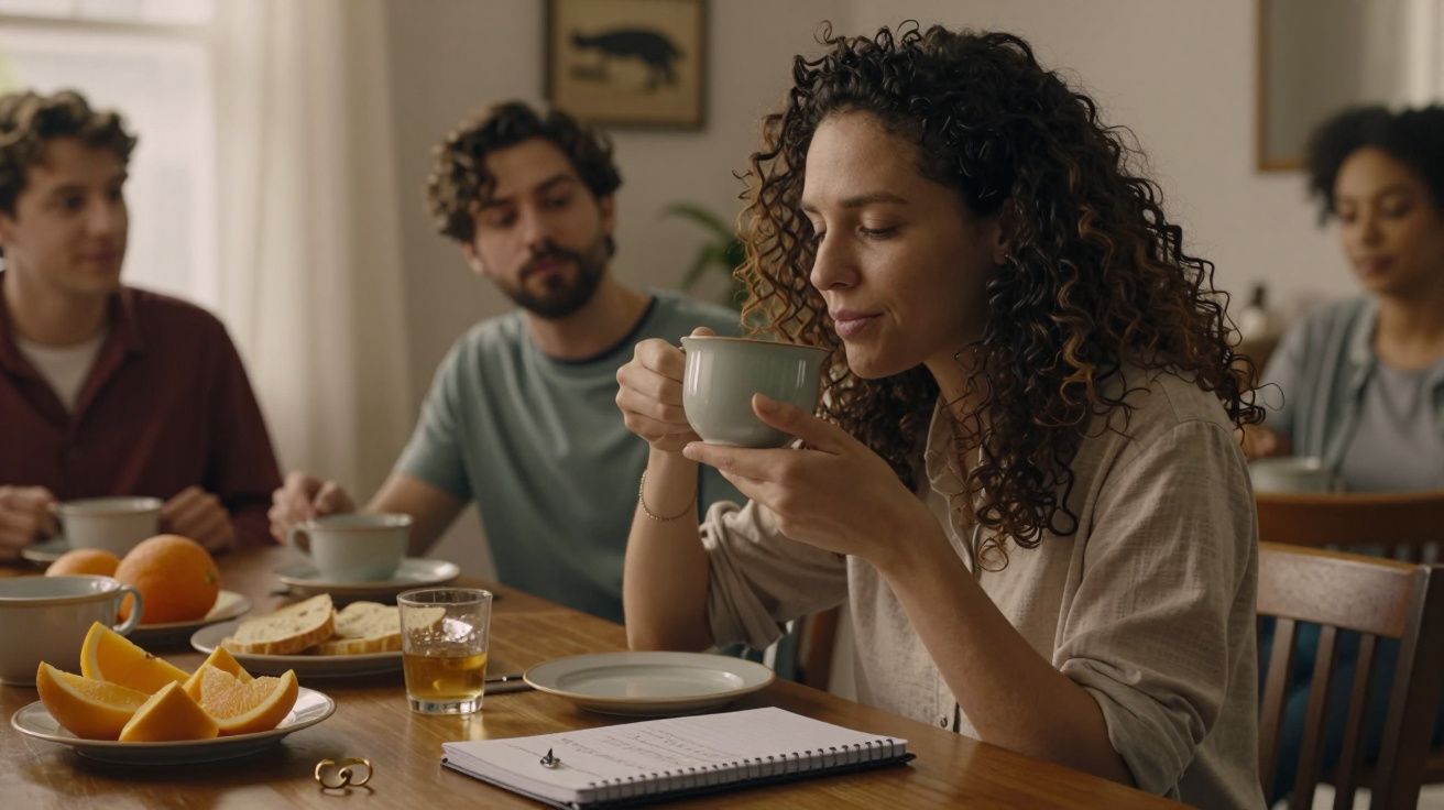 Grupo de amigos numa mesa, uma mulher bebe chá, caderno e prato com frutas à frente, ambiente acolhedor.