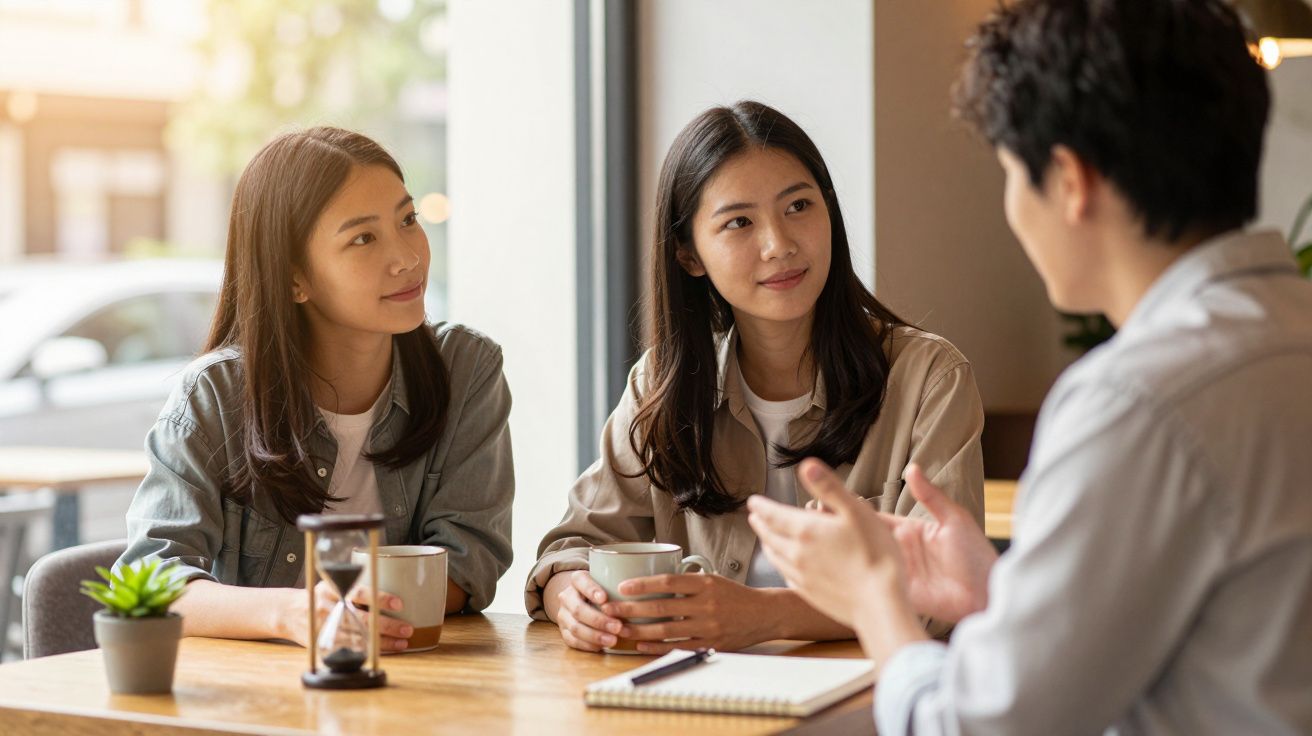 Três pessoas sentadas a uma mesa de café, conversando; duas delas seguram chávenas.