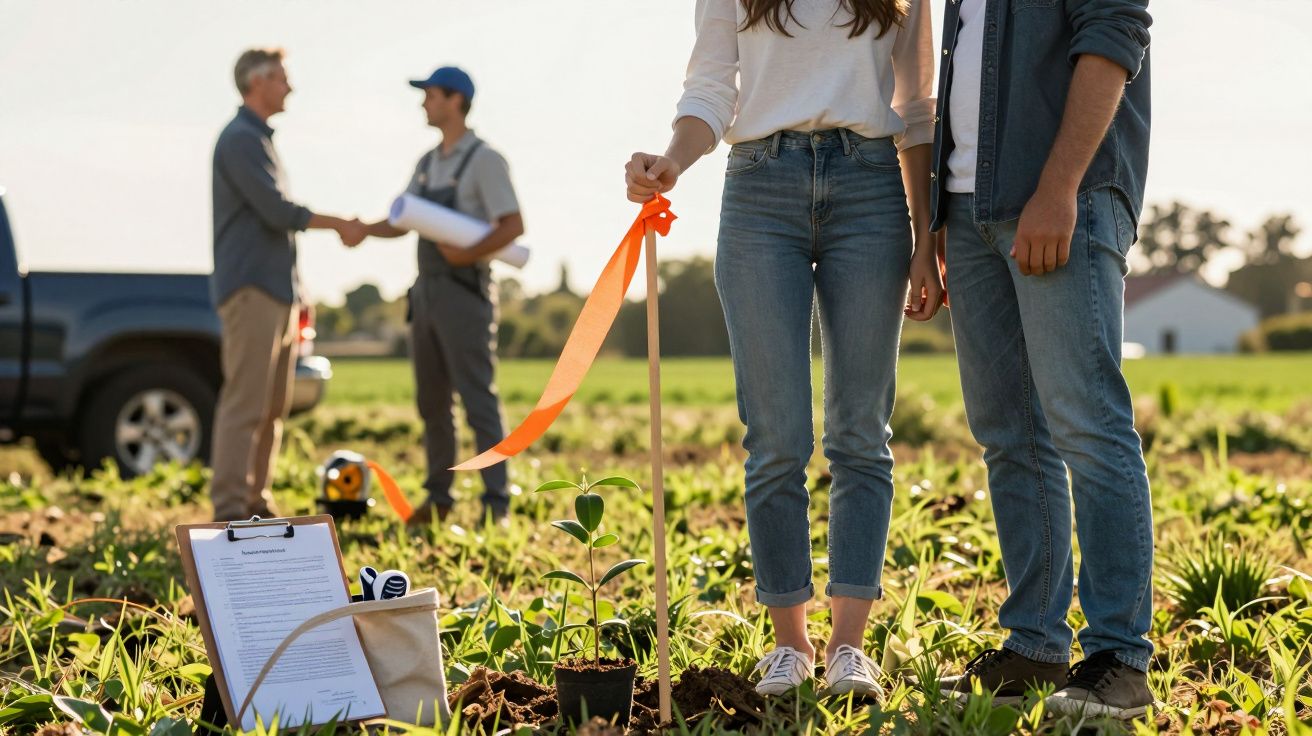Pessoas plantam árvore num campo; duas pessoas aperto de mão ao fundo.