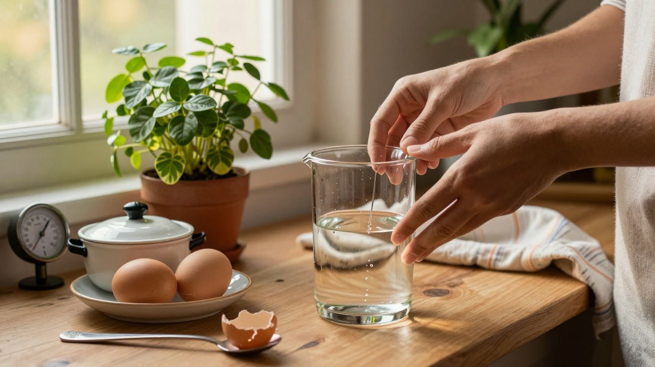 Mãos seguram copo com água sobre mesa de madeira, ao lado de ovos, casca partida, planta e panela pequena.