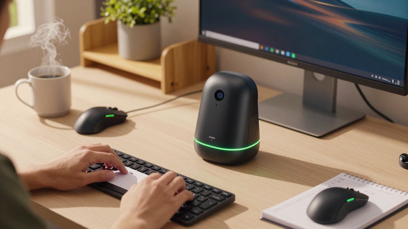 Pessoa a escrever num teclado diante de um ecrã e dispositivo oval preto, com luz verde, numa secretária.