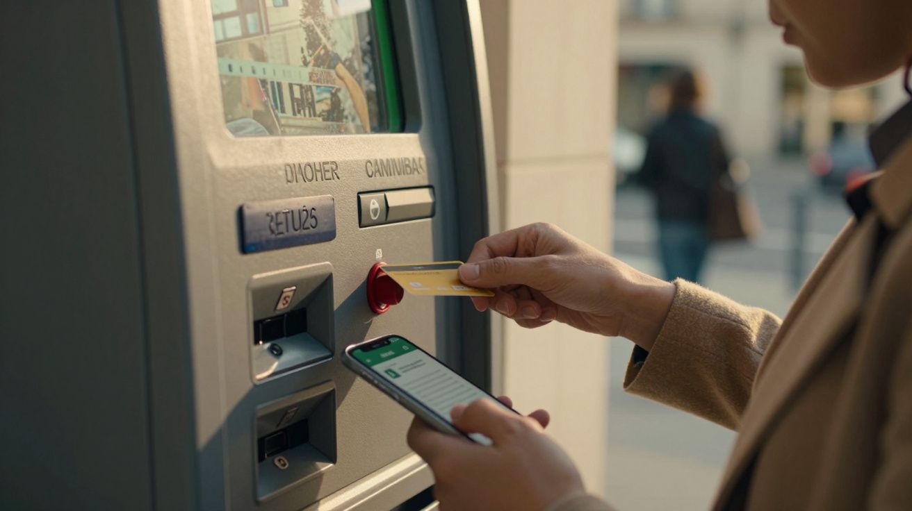 Pessoa a inserir cartão num multibanco, segurando um telemóvel com a outra mão.